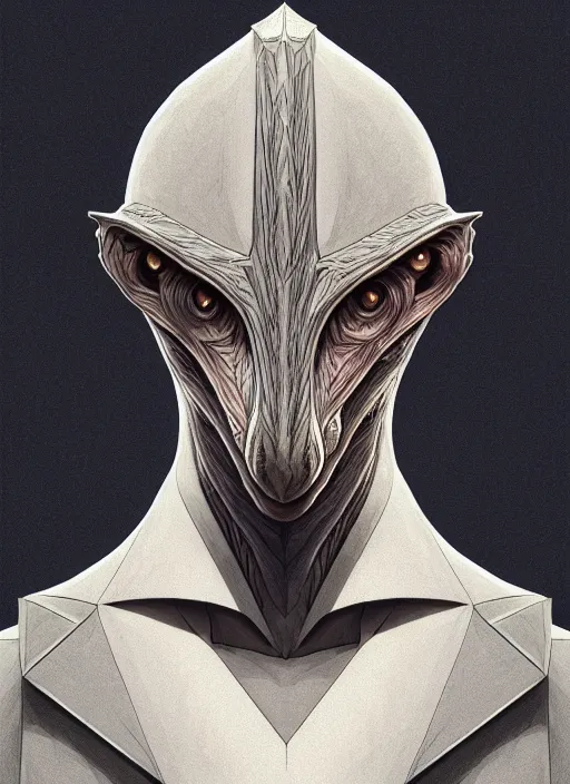 Image similar to anthropomorphic triangle head in edgy darkiron mr. bean, intricate, elegant, highly detailed animal monster, digital painting, artstation, concept art, smooth, sharp focus, illustration, art by artgerm, wayne barlowe, trending on artstation and greg rutkowski and alphonse mucha, 8 k