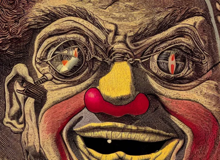 Prompt: Macro closeup photograph of Clown World, photograph by Grant Wood and Robert Crumb