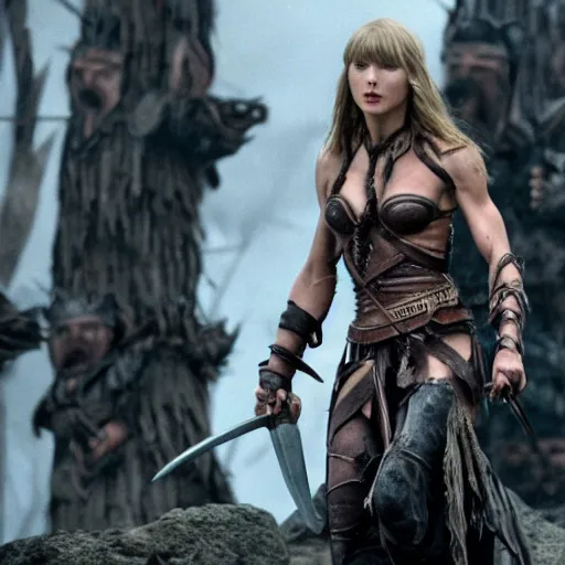 Prompt: a film still of conan the barbarian remake 2023 staring taylor swift as conan 4k