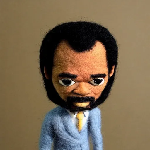 Image similar to needle felted Samuel L Jackson as Jules in Pulp Fiction (1994), highly detailed, tilt shift, eerie!!!, hyperrealism, highly textured, god rays