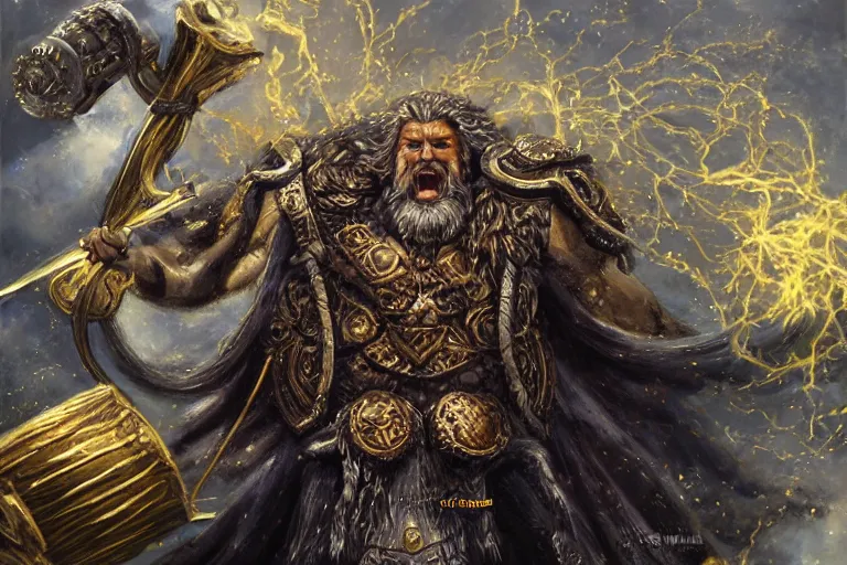 Image similar to mythological angry odin all father supreme God of thunder and smithing and artificial intelligence creating an artificial neural network with gold synapses on an anvil with his mighty hammer, high resolution, award winning art, trending on art station, sharp image, incredibly detailed, detailed character, realistic painting, hyper-realistic painting, coherent painting