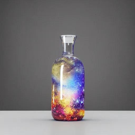 Image similar to Galaxy in a Bottle sitting on a white table in a brightened room, rendered by, Xie Boli, Max Hay, Cameron Mark, and Hue Teo, artstation 3d, artstation render, artstation 3d render, 3d art, unreal engine 3d, octane 3d, blender 3d, 3d landscape, photorealistic imagery, photorealistic details, intricate, highly detailed, trending on artstation, 4k, 8k