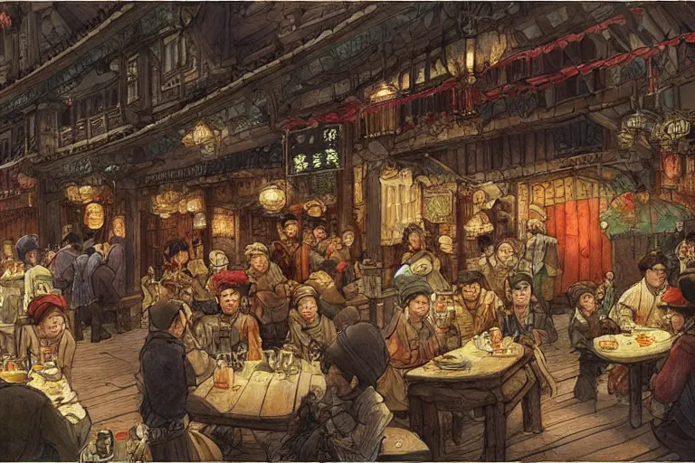 Image similar to fantasy art of a bustling tavern in china, at night, by anton pieck, highly detailed digital art, trending on artstation