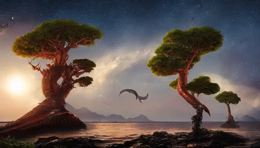 Image similar to big koi fish swimming in the sky over moonlit socotra island with dragon trees, starry night, sharp focus, wide shot, trending on artstation, masterpiece, by greg rutkowski, by ross tran, by fenghua zhong, octane, soft render, ultrarealistic, colorful, cinematic, midsommar