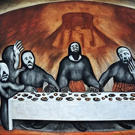 Image similar to the last supper painted by David Alfaro Siqueiros detailed, hyper-detailed, very realistic