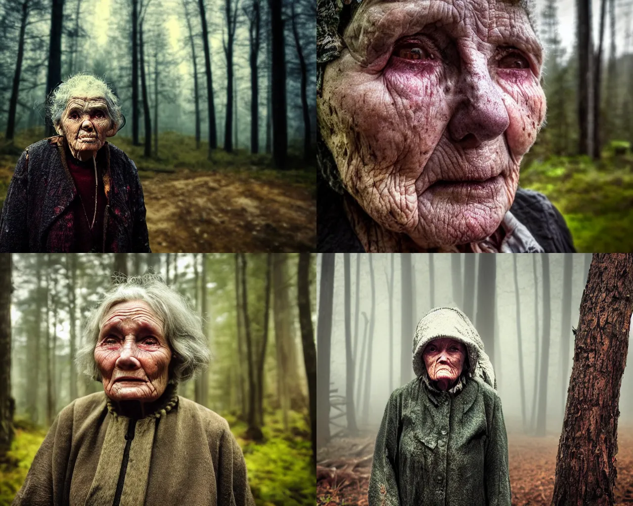 Prompt: close up portrait of an old woman with sinister face and dirty clothes standing outside of an old cabin, forest in the background, bokeh, depth of field, dramatic lighting, cinematic, vivid colors, matte painting, by Simon Stålenhag, John Atkinson Grimshaw color scheme