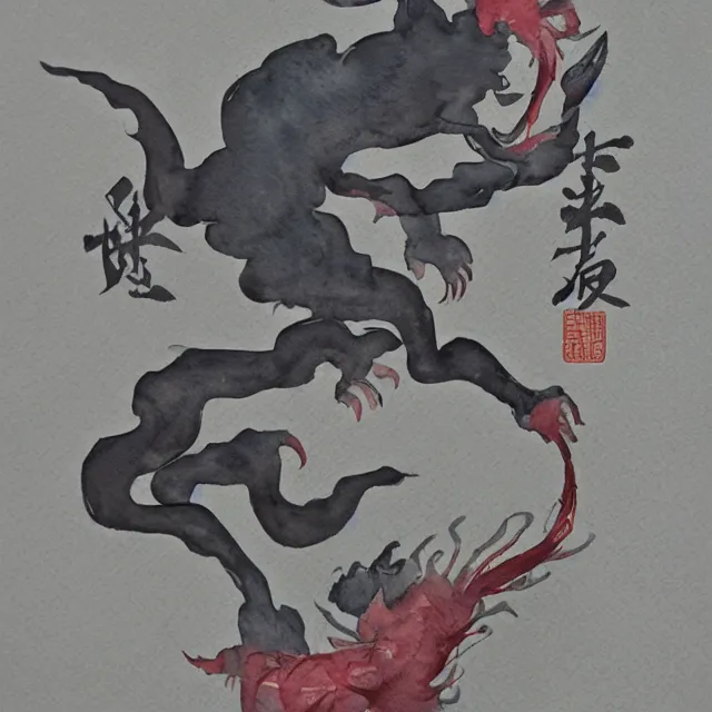 Image similar to watercolor painting of a chinese folklore blood shadow demon