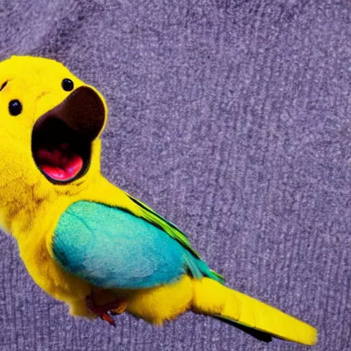 Image similar to a parakeet wearing a Winnie the Pooh hoodie, photo