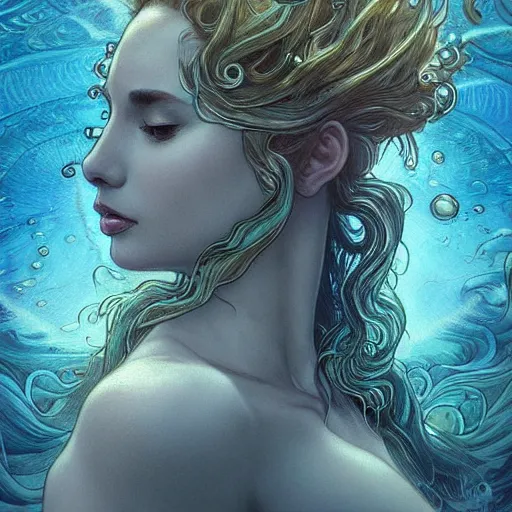 Image similar to an underwater photographic portrait of a dreaming anthropomorphic bioluminescent water wave, fantasy, intricate, elegant, highly detailed, digital painting, artstation, concept art, smooth, sharp focus, illustration, art by artgerm and h r giger and alphonse mucha