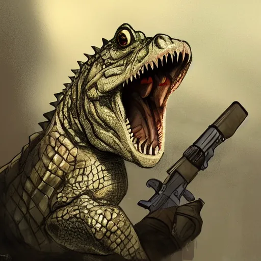 Prompt: concept art, crocodile holding guns, character, 4k, prideful stance, portrait