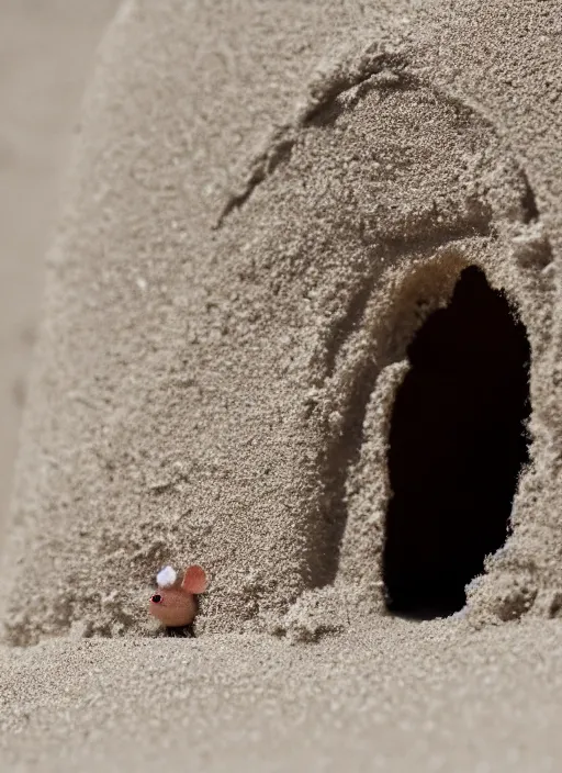 Image similar to wide dslr photo still of a mouse inside a perfect sandcastle, 8 k, 8 5 mm f 1. 4