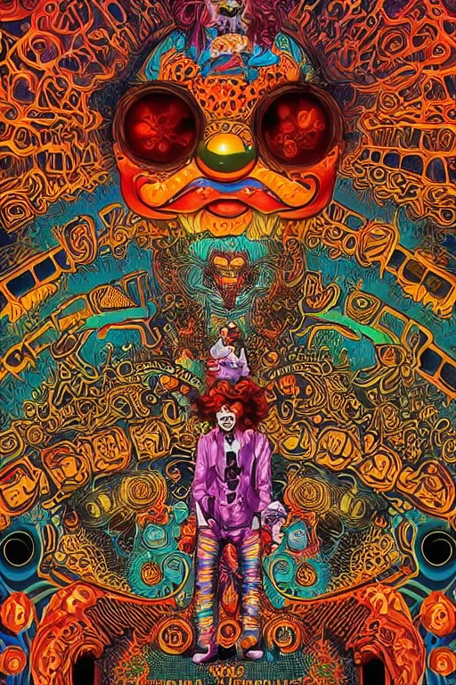 Prompt: Flowing lettering that says The Bozone, Fillmore concert poster for The Bozone by Robert Crumb, by Victor Moscoso, by Laurie Lipton, black light velvet poster, intricate paisley filigree, Bozo the clown. Clown motif, Shiny bulbous red clown nose at the center of an infinite fractal mandala tunnel of clowns, Unreal Engine, Cryengine, Artstation
