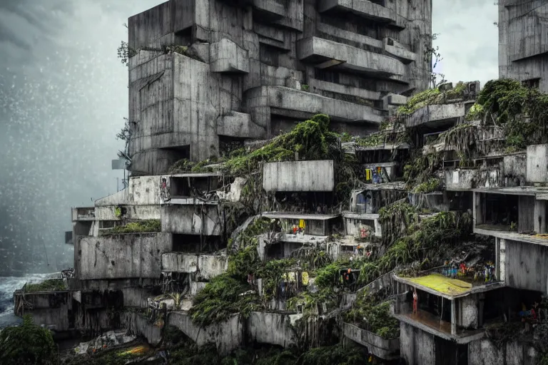 Image similar to favela bunker insect hive, brutalist waterfall environment, industrial factory, spooky, award winning art, epic dreamlike fantasy landscape, ultra realistic,