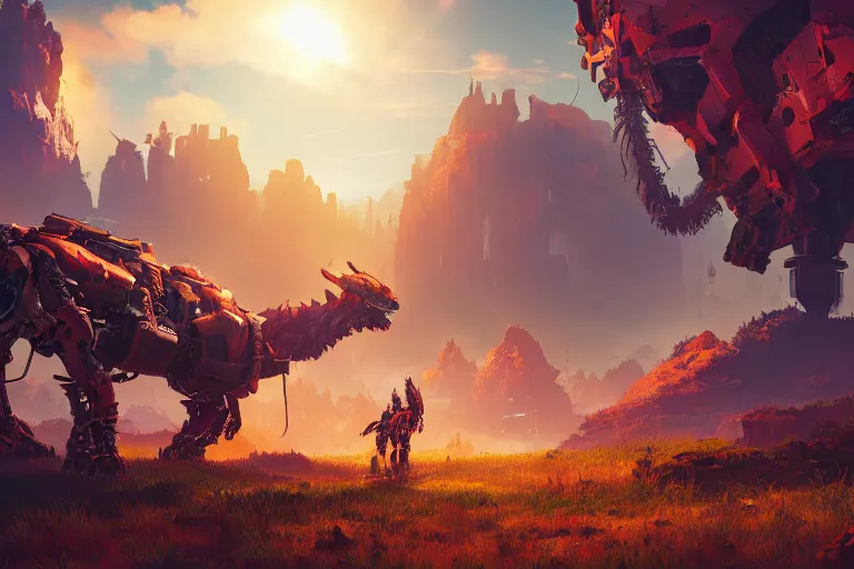 Image similar to behemoth machine mecanical creature robot of horizon forbidden west horizon zero dawn radiating a glowing aura global illumination ray tracing hdr fanart arstation by ian pesty and alena aenami artworks in 4 k