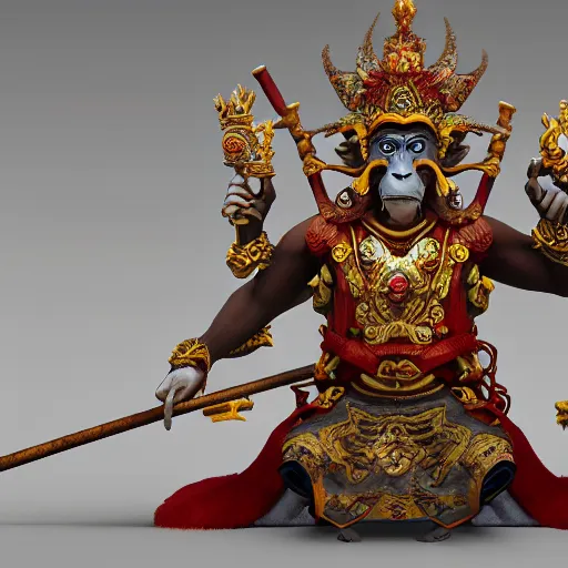 Image similar to monkey king godly lord of monkeys, wearing a crown, holding a staff, sitting in throne 8 k render high detail