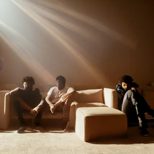Image similar to gang members chilling around dirty couch in a beige room thick volumetric dust god rays shines through the blinds kinda atmosphere jonathan zawada style photography