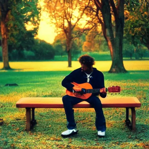 Image similar to 1 9 9 0 s candid 3 5 mm photo of a man sitting on a bench in a park playing guitar, cinematic lighting, cinematic look, golden hour, the clouds are epic and colorful with cinematic rays of light, photographed by petra collins, uhd