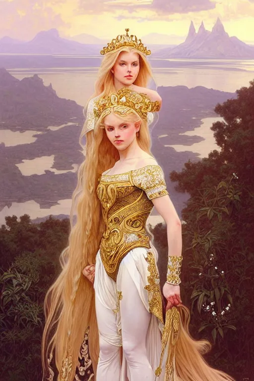 Prompt: portrait of a humanoid princess with long blonde hair, standing next to a beautiful view, ornate white officers outfit with gold embellishments, intricate, elegant, highly detailed, oil painting, illustration, art by artgerm and greg rutkowski and alphonse mucha, 8 k