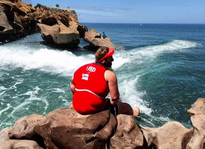 Image similar to angry fat lifeguard with a beard on jet ski yelling at people on the rocks at the thousand steps sea cave in laguna beach 2 0 1 3 summer