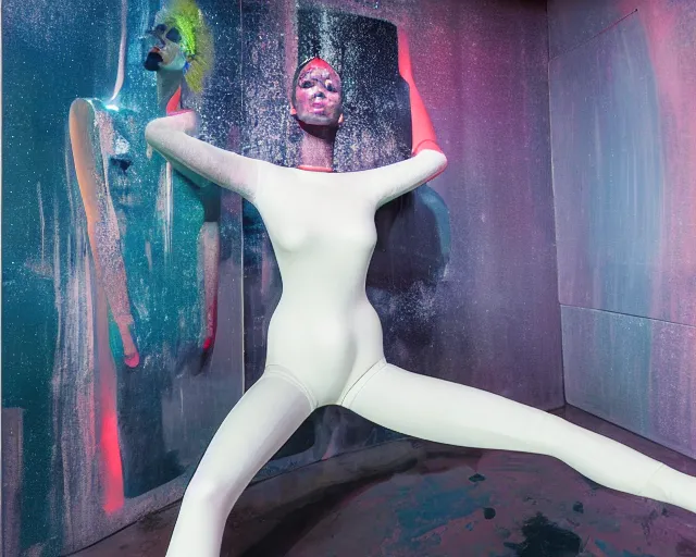 Image similar to portrait of a transforming model wearing futuristic bodysuit doing poses on a rotating platform in a photography studio surrounded by lights by james jean and luc tuymans and beeple and hernan bas and pat steir and hilma af klint, psychological, 3 d, dripping paint, high quality render, masterpiece