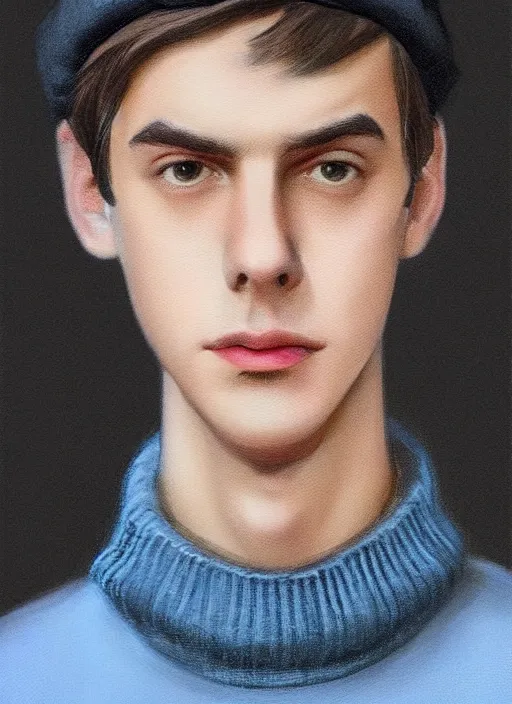 Image similar to portrait of teenage jughead jones wearing a light grey crown, crown, blue turtleneck, 1 9 5 0 s, closed eyes, photorealistic, black hair, glowing lighting, intricate, elegant, glowing lights, highly detailed, digital painting, artstation, concept art, smooth, sharp focus, illustration, art by wlop, mars ravelo and greg rutkowski