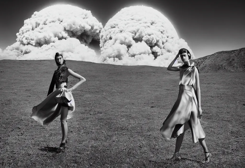Prompt: fashion editorial in front of nuclear explosion cloud. wide angle shot. highly detailed. depth of field. high definition. 8k. photography.