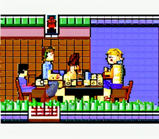 Image similar to SNES game about having dinner with your family, detailed pixel art, suspenseful, thrilling, low health, dinner inventory