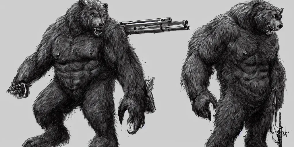 Image similar to Full body concept art of A High fantasy WW1 bear beast-man firing a enchanted heavy shotgun trending on artstation deviantart Pinterest detailed High Resolution HD 8k