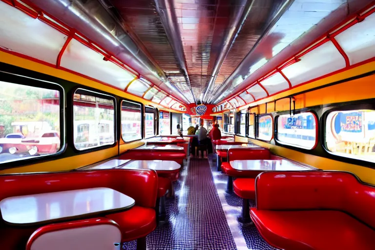 Prompt: 1 9 7 5 googie train themed classic american diner, people sitting at tables, googie architecture, one point perspective, americana, restaurant interior photography, hd 4 k, taken by alex webb