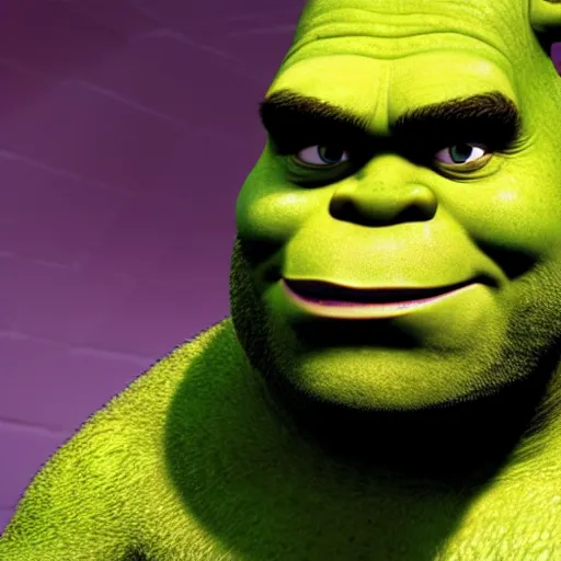 Prompt: Shrek the ogre with red eyes, head shot