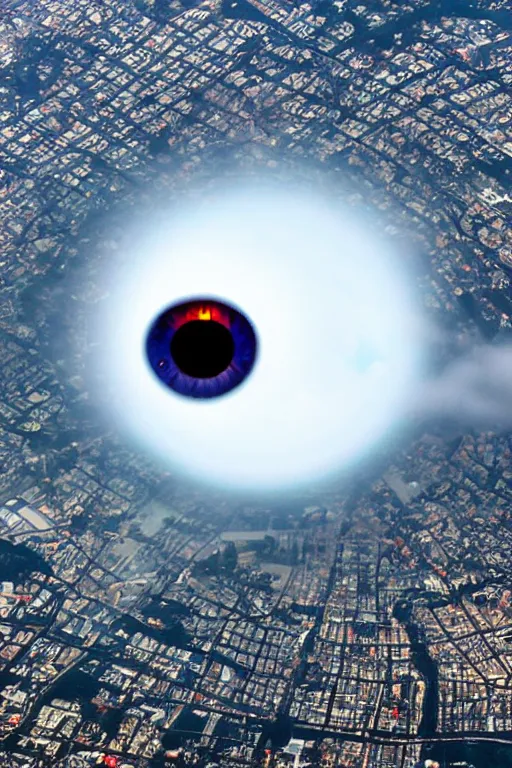 Image similar to giant eyeball!!!!! floating!! behind the clouds above southern california city