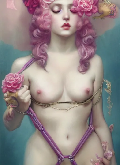 Image similar to pop surrealism, lowbrow art, realistic seductive cute woman looking painting, pink body harness, japanese shibari with blue flowers, hyper realism, muted colours, rococo, natalie shau, loreta lux, tom bagshaw, mark ryden, trevor brown style,