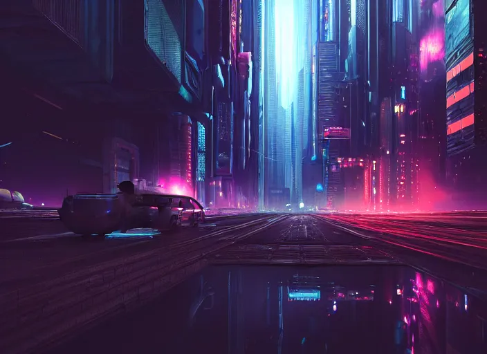 Image similar to cyberpunk scifi scene of a city at night, craft flying, artstation, matt painting, very detailed, maximalism, ambient occlusion, volumetric light, atmospheric haze, unreal engine, hyper realism, realistic shading, cinematic composition, realistic render, octane render, detailed textures, photorealistic, wide shot