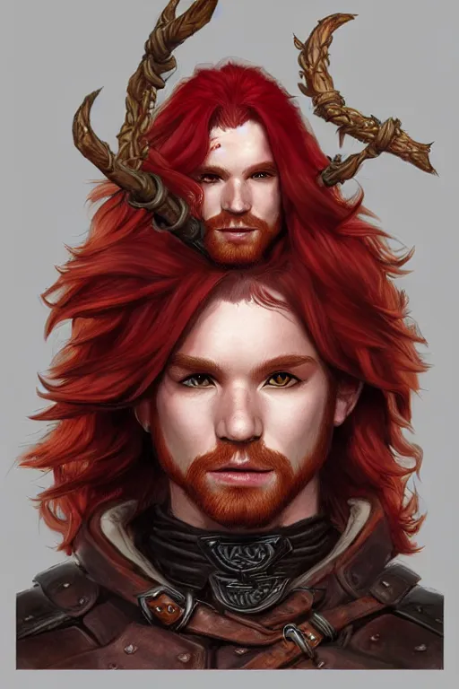Prompt: male halfling druid with long red hair and leather armor, character portrait, concept art, intricate details, highly detailed photorealistic portrait in the style of adam hughes, seseon yoon, artgerm and warren louw