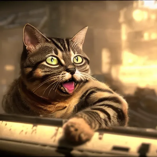 Image similar to lil bub the cat in Gears of War, splash art, movie still, cinematic lighting, dramatic, octane render, long lens, shallow depth of field, bokeh, anamorphic lens flare, 8k, hyper detailed, 35mm film grain