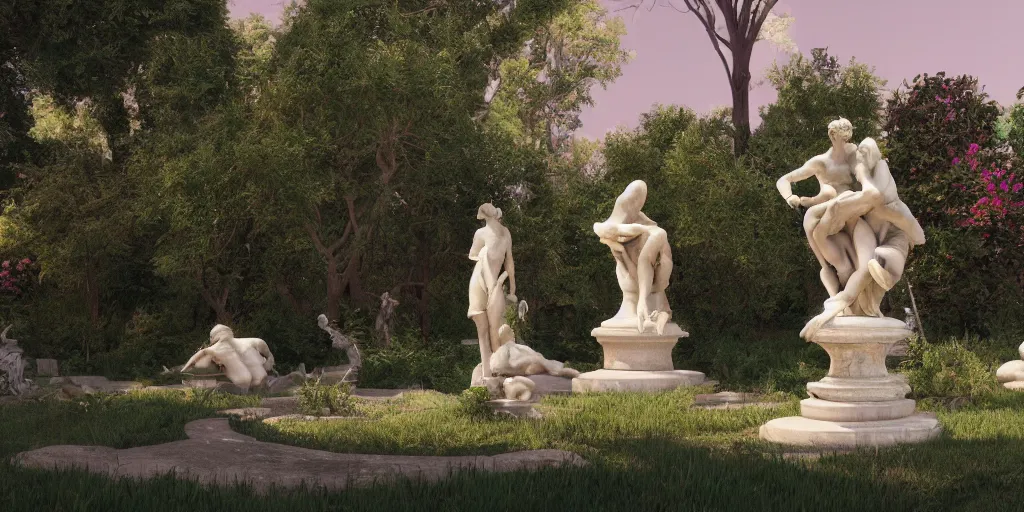Image similar to Garden Utopia, mind puzzles, marble statues, surrealism, outside, intricate artwork by caravaggio. Trending on artstation, octane render, cinematic lighting from the right, hyper realism, octane render, 8k, depth of field, 3D