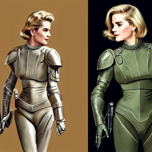 Image similar to A combination of Grace Kelly's and Emma Watson's and Ashley Greene's appearances with blonde hair wearing Master Chief's armor, full body portrait, western, D&D, fantasy, intricate, elegant, highly detailed, digital painting, artstation, concept art, matte, sharp focus, illustration, art by Donato Giancola and James Gurney