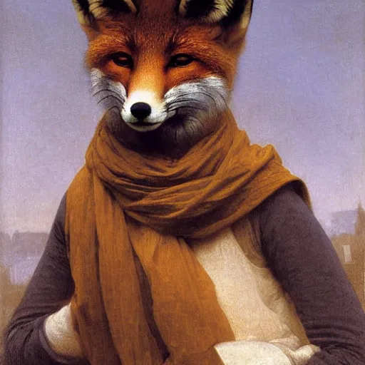 Prompt: A portrait of a fox in a scarf by William-Adolph Bouguereau, fox wearing a scarf