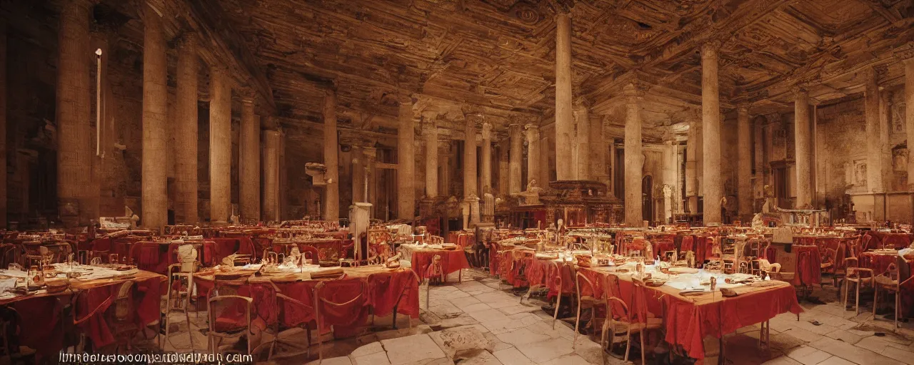 Image similar to great roman hall adorned with spaghetti, antiquity, canon 5 0 mm, kodachrome, in the style of wes anderson, retro