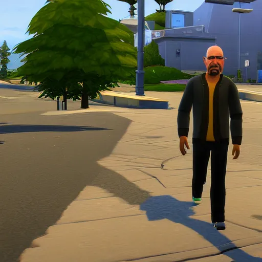 Prompt: videogame screenshot of walter white walking to work in the sims 4, realistic face