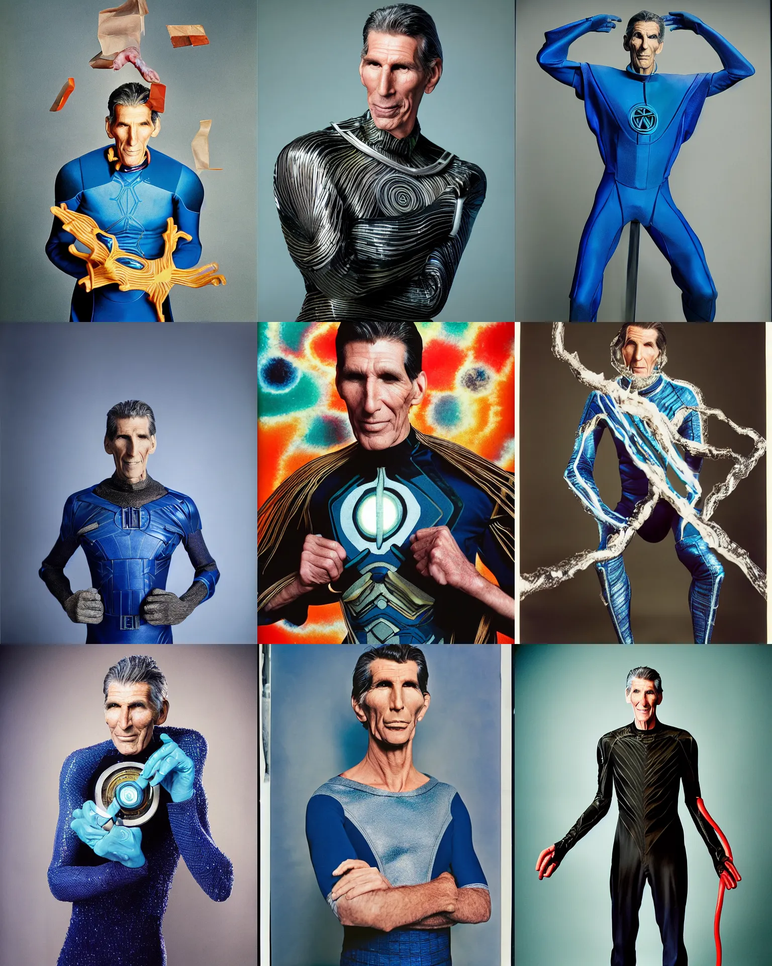 Prompt: Actor Michael Rennie Starring as Reed Richards, Colorful, Modern, Cutting Edge, photographed in costume by Annie Leibovitz, Studio Lighting