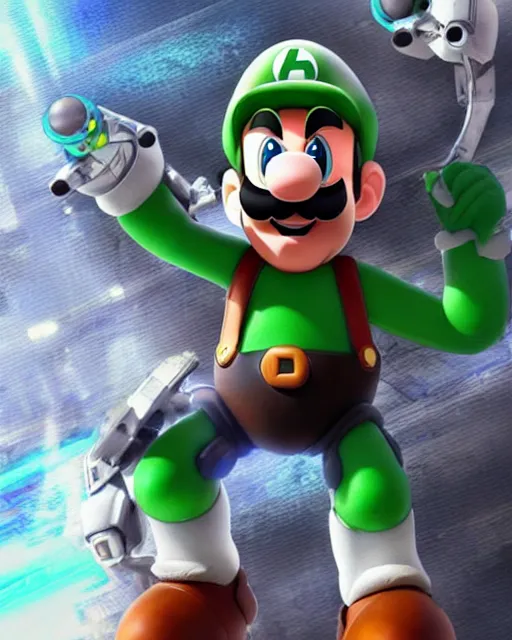 Image similar to Nintendo's Luigi as a Mecha, hyperdetailed, full body, LED effects, professional paint job, distressed paint, dynamic low angle shot, photoreal, caustics, octane render, redshift render, Vray render, all in focus, unreal engine, post processing, ultra detailed, trending on artstation