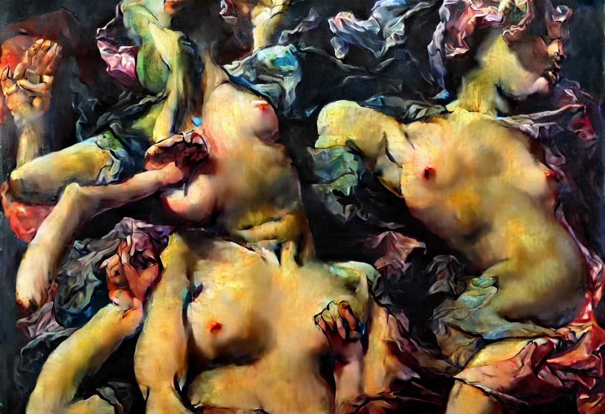 Image similar to lungs filled with black oil, vivid colors, neon, art by ( ( ( lucian freud ) ) ) and gregory crewdson and francis bacon and artgerm and wlop and william - adolphe bouguereau