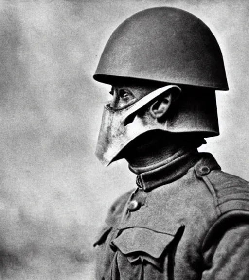 Image similar to a soldier wearing a scary mask in distance, ww1 film photo, grainy, high detail, high resolution