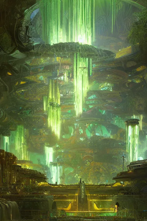 Image similar to Concept Digital Art Highly detailed Alien Art Deco Cybertron lazy river inside of the Palace of the Primes with glowing green water at night by greg rutkowski, Ilya repin, alphonse mucha, and Edmund Blair Leighton. Very highly detailed 8K, octane, Digital painting, the golden ratio, rational painting, sharp