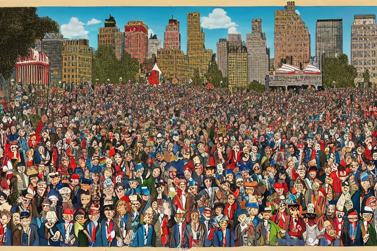 Image similar to an elaborate penned illustration of a convention of waldo's in nee york city and central park, where's wally, where's waldo, by martin hand ford and by jan van haasteren