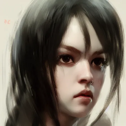 Image similar to a cute girl by ruan jia, 8 k, closeup headshot, smooth, trending on artstation, black long hair, black eyes, movie poster style