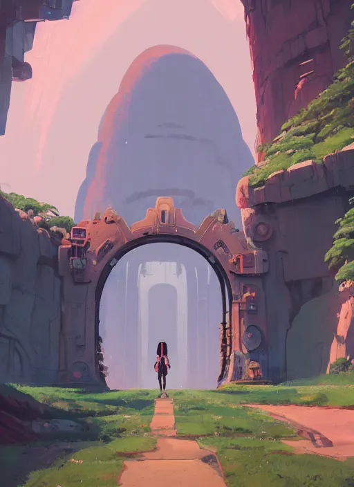 Image similar to warm canyon with giant gate entrance, nuclear powered, detailed, futuristic, cory loftis, james gilleard, atey ghailan, makoto shinkai, goro fujita, studio ghibli, rim light, exquisite lighting, clear focus, very coherent, plain background