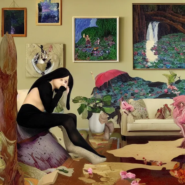 Image similar to emo catgirl artist in her flooded lounge room, painting of flood waters inside an artist's loungeroom, a river flooding indoors, pomegranates, pigs, ikebana, water, octopus, river, rapids, waterfall, black swans, canoe, berries, acrylic on canvas, surrealist, by magritte and monet