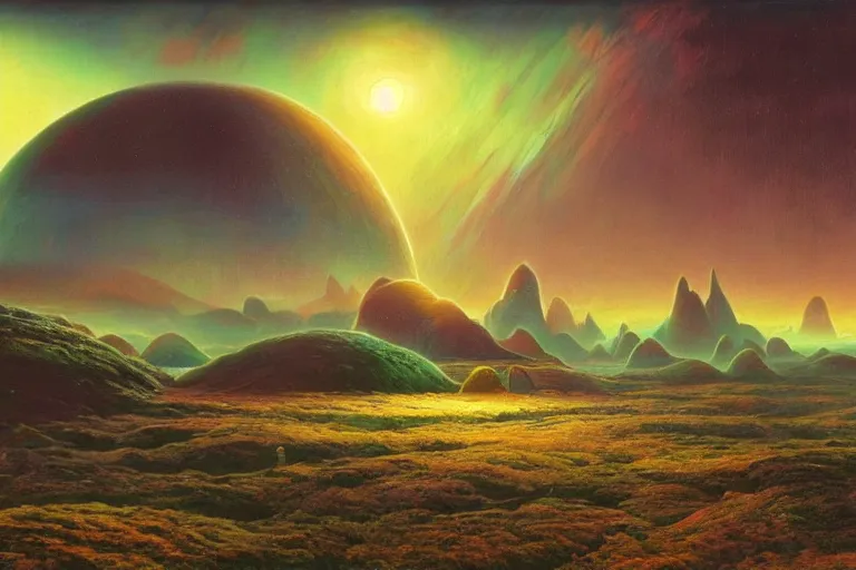 Image similar to strange breathtaking fertile alien landscape, matte painting by david a. hardy, surreal, vivid colors, 4 k, volumetric lighting, photorealistic